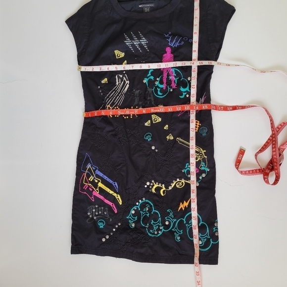 MNG Rare Graphic Rock n Roll Dancer Guitar Embroidered Studded Mini Dress XS - Picture 13 of 16